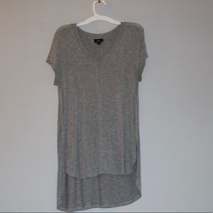 long grey tee shirt with a V-neck